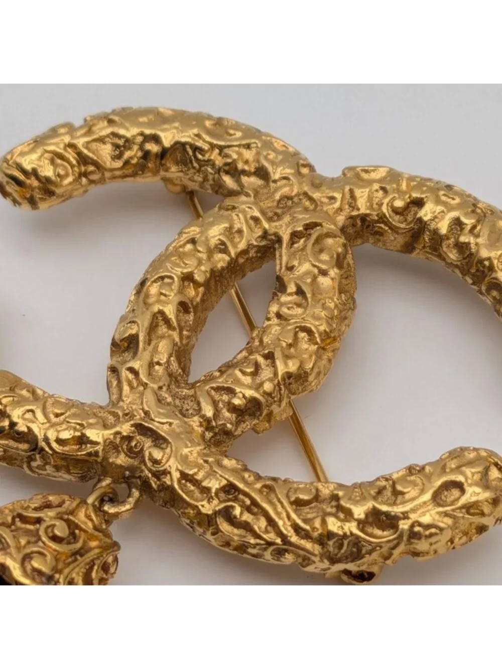 Chanel Brooch CC Logo Lava Gold Fringe Vintage